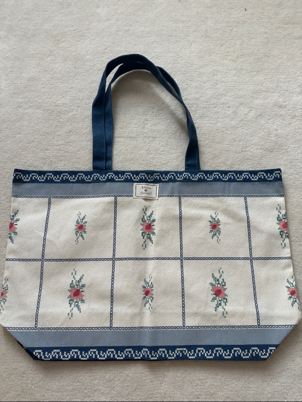 Sezane Basiszt Cream Canvas Tote with Navy Trim and Rose Motif